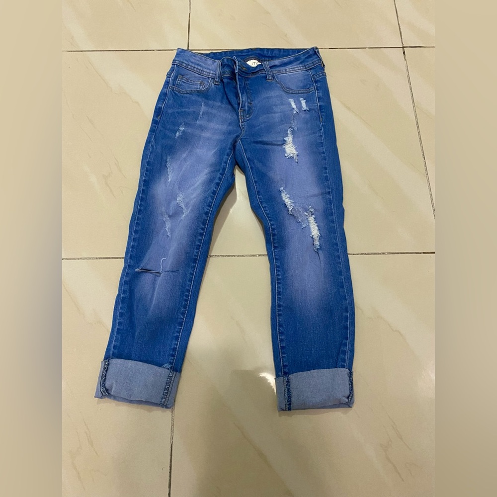 Litz Crop Straight Cuffed Womens Denim Washed Blue Ripped Distressed Jeans